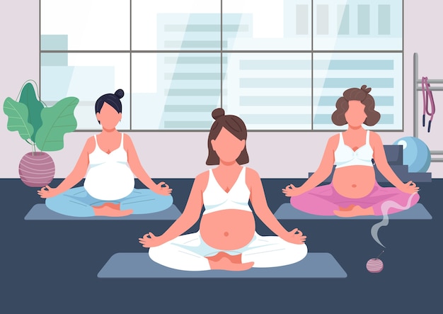 Couleur Plate Du Groupe Yoga Grossesse Cours D Exercice Prenatal Femme Avec Ventre De Bebe Medite Jeune Maman Se Detendre Personnages De Dessins Animes 2d Enceintes Avec Interieur Sur Fond Vecteur Premium