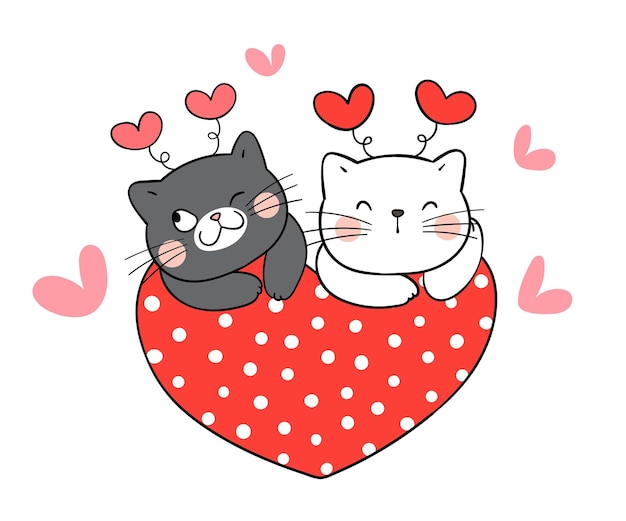 Couple De Chat Avec Coeur Rouge Pour La Saint Valentin Vecteur Premium