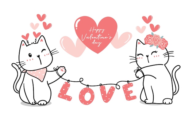 Couple De Chat Mignon Valentine Avec Amour De Coeur Happy Valentine S Day Dessin Anime Mignon De Chat Vecteur Premium