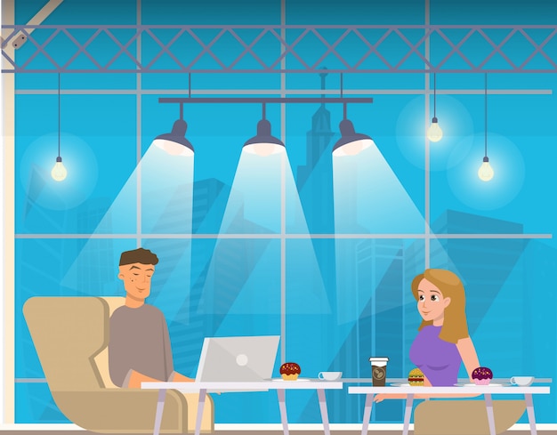Couple indépendant avec ordinateur portable, café sur le coworking Vecteur Premium