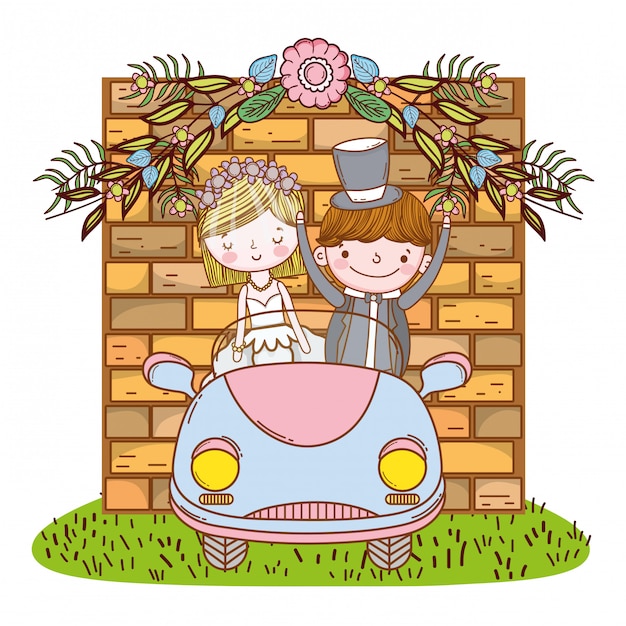 Couple De Mariage Sur Dessin Anime Mignon De Voiture Vecteur Premium