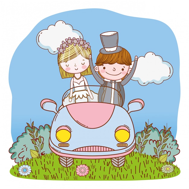 Couple De Mariage Sur Dessin Anime Mignon De Voiture Vecteur Premium