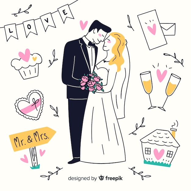 Couple De Mariage Dessiné à La Main Avec Des Ornements Vecteur Gratuite 