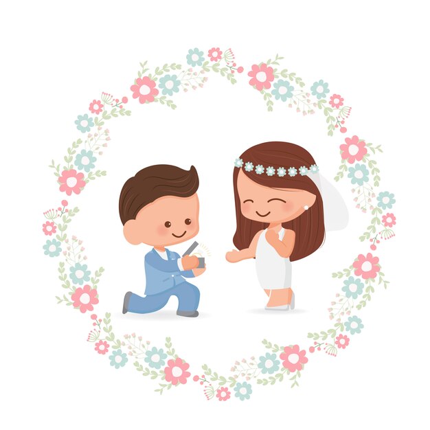 Couple De Mariage Mignon Dans Un Style Plat De Couronne De Fleurs Pour La Saint-valentin Ou La Carte De Mariage Vecteur Premium