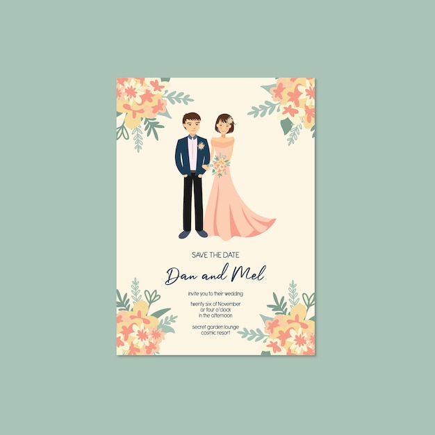Couple mignon portrait illustration invitation de mariage save the date template Vecteur Premium