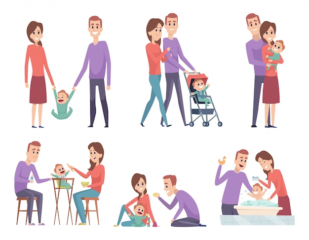 Couples De Famille Amour Mere Et Pere Jouant Avec Leurs Petits Enfants Maman Heureuse Papa Parents Illustrations Vectorielles Vecteur Premium