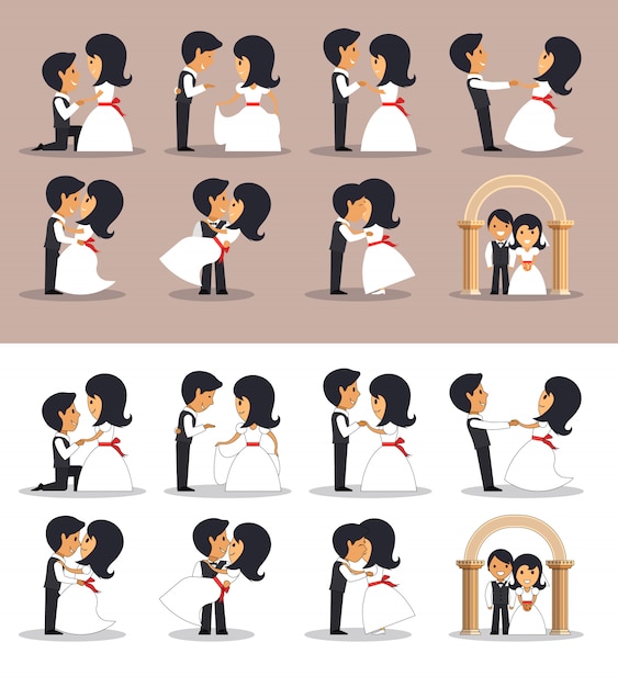 Des couples juste mariés dans des poses différentes. illustration vectorielle dans un style plat couple de mariage. Vecteur Premium