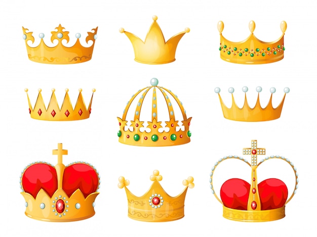 Couronne De Dessin Anime En Or Empereur Jaune Dore Prince Reine Couronnes Diamant Couronnement Diademe Couronnement Emojis Corona Isole Vecteur Premium
