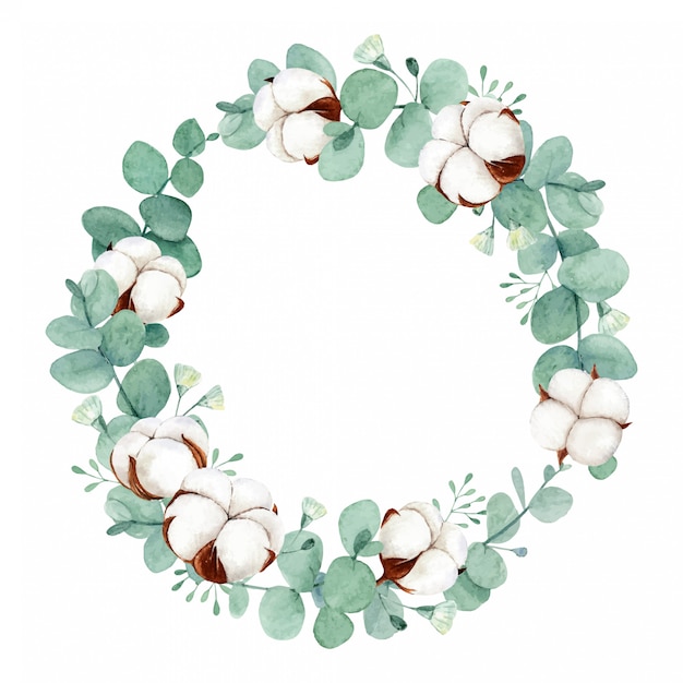 Couronne Florale Aquarelle Avec Fleur De Coton Et Feuilles D Eucalyptus Vecteur Premium