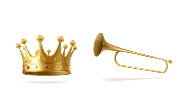 Couronne d'or avec des pierres précieuses et une fanfare de cuivre isolée sur fond blanc. coiffe de couronne pour le monarque et trompette annonciatrice lors de la cérémonie, symbole royal. illustration vectorielle 3d réaliste. Vecteur gratuit