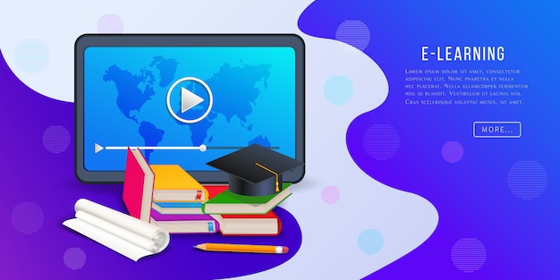 Cours En Ligne, Bannière De Plate-forme E-learning Avec Tablette, Lecteur Vidéo, Livres, Crayon Et Cap De Graduation. Vecteur Premium