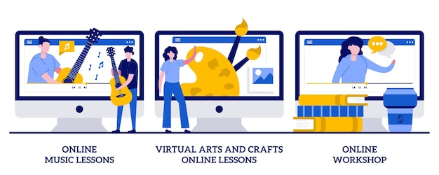 Cours De Musique En Ligne Cours Virtuels D Art Et D Artisanat En Ligne Concept D Atelier En Ligne Avec De Petites Personnes Education En Ligne Pendant L Auto Isolement Metaphore Des Master Classes Gratuites Vecteur