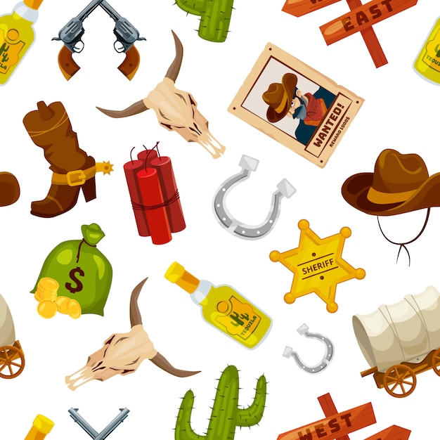Cowboy, bottes, armes à feu et autres objets de far west dans un style bande dessinée. concept de far west vecteur transparente motif avec pistolet et cactus, illustration étoile et fer à cheval Vecteur Premium