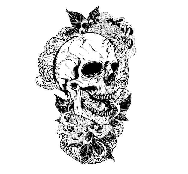 Crâne avec tatouage de chrysanthème à la main en dessinant Vecteur Premium