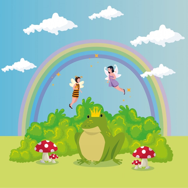 Crapaud mignon avec arc-en-ciel en conte de fées Vecteur gratuit
