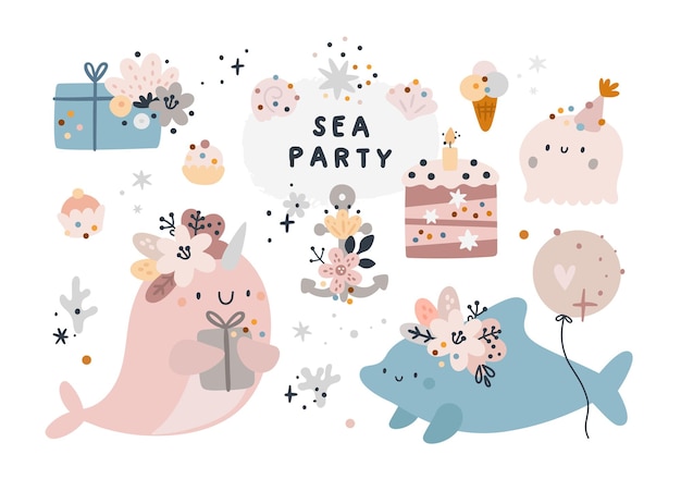 Creatures De L Ocean Animaux Marins De Dessin Anime Joyeux Anniversaire Ou Collection De Fete Vecteur Premium