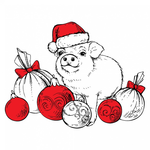 Vecteur Premium Croquis De Cochon Au Chapeau Du Pere Noel Avec Des Boules De Noel