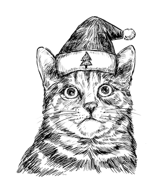 Croquis De Dessin De Main De Chat De Noel Vecteur Premium