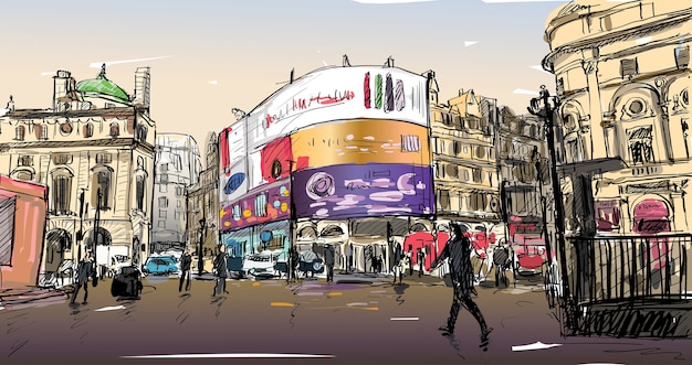 Vecteur Premium Croquis De Dessin De Paysage Urbain A Londres En Angleterre Montrer La Rue A Pied Au Coin Du Panneau Lumineux Led Illustration