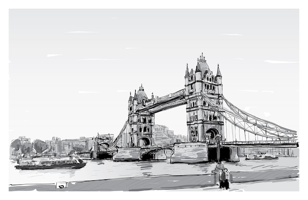 Croquis De Dessin De Paysage Urbain Tower Bridge Londres Angleterre Illustration Vecteur Premium