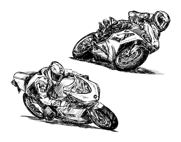 Croquis Du Dessin A Main De Collection De Course De Moto Vecteur Premium