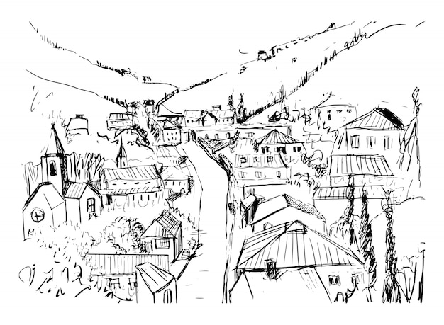 Croquis Du Paysage De Montagne Avec La Ville Georgienne Dessines A La Main Dans Des Couleurs