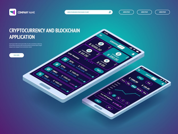 Crypto-monnaie et application blockchain pour smartphone. modèle d'en-tête pour votre site web. page de destination. Vecteur Premium