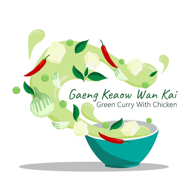 Cuisine thaïlandaise gaeng keaow wan kai. curry vert avec dessin de vecteur de poulet. Vecteur Premium