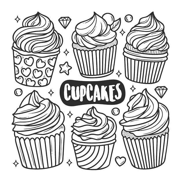 Cupcakes Icones Coloriage Doodle Dessine Main Vecteur Premium