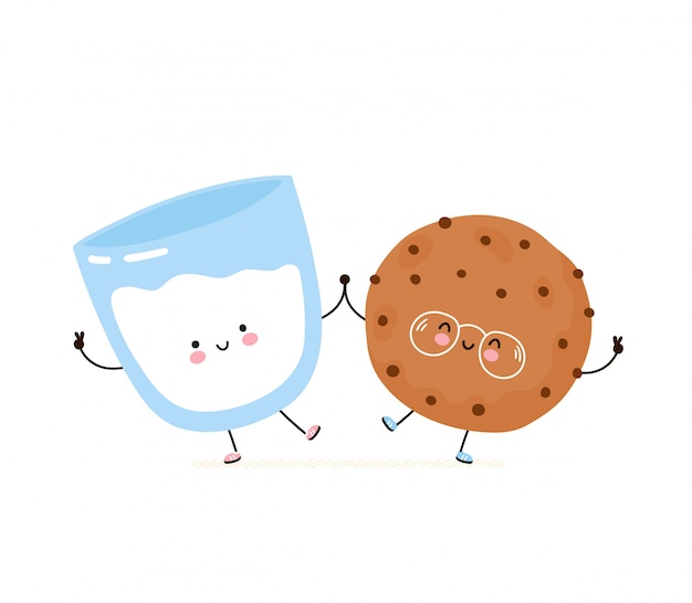 Cute Cookie Aux Pepites De Chocolat Souriant Heureux Et Verre De Lait Isole Sur Blanc Conception De Dessin Vectoriel Personnage Illustration Style Plat Simple Concept D Amis De Biscuit Et De Lait