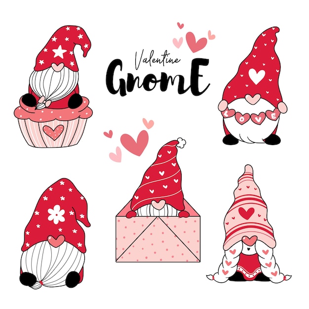 Cute Love Gnome Red Valentine Avec Dessin Anime Coeur Vecteur Premium
