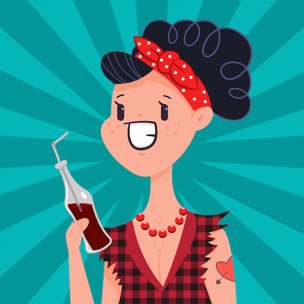 Cute Pin Up Girl Avec De Leau De Soda De Tatouage Boisson