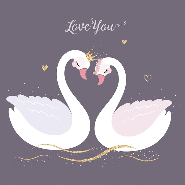 Cygne mignon avec couronne de paillettes d'or pour invitation de mariage. Vecteur Premium