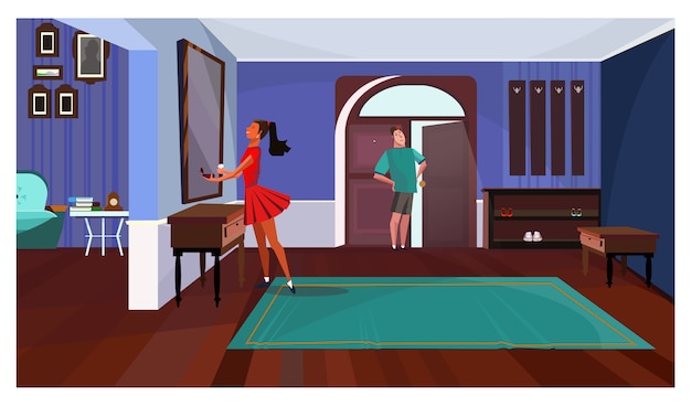 Dame debout devant le miroir dans l'illustration du couloir Vecteur gratuit