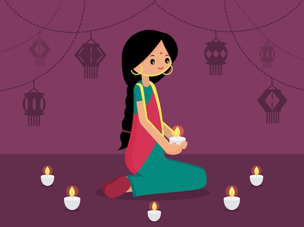 Dame indienne avec suspension lumineuse décorée pour happy diwali. illustration vectorielle plat moderne. festival de la lumière de fond de l'inde. Vecteur Premium