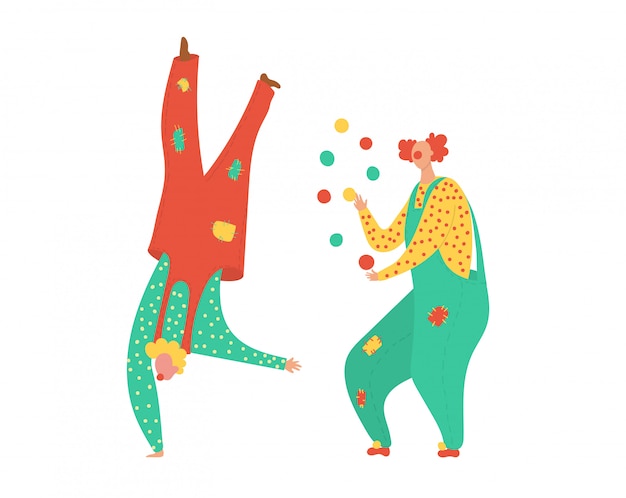 Danser Les Clowns Pour Des Vacances Amusantes Dans Les Gens De Cirque En Costumes Joyeux Anniversaire Et Carnaval Isole Sur Illustration Blanche Vecteur Premium