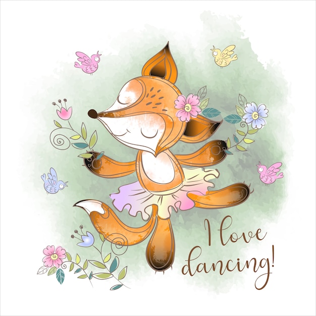 Danseuse ballerine renard mignonne. j'aime danser Vecteur Premium