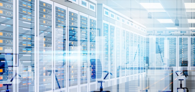 Data server room hosting server base de données d'informations sur l'ordinateur synchroniser la technologie Vecteur Premium