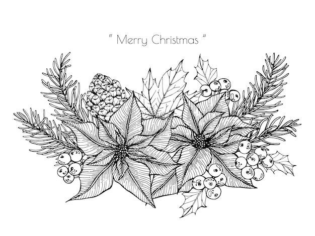 Décoration De Noël Avec Illustration Dessin Fleur Et Feuille.  Vecteur