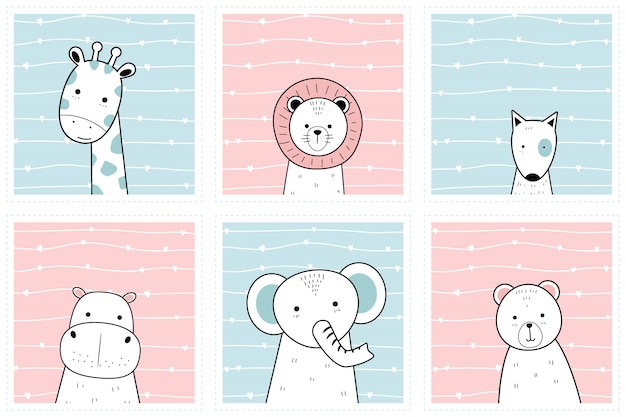 Définir des animaux mignons sur la collection de papier peint cadre doodle Vecteur Premium