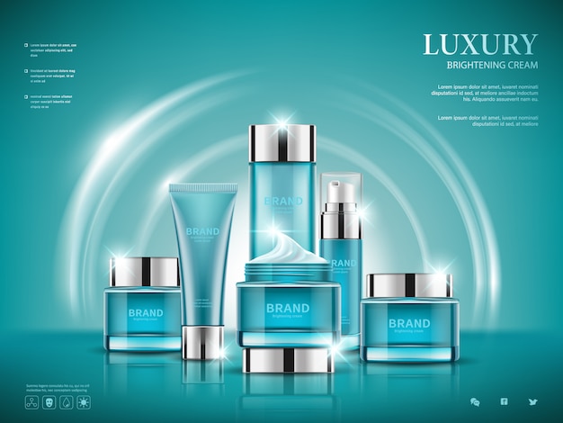 Définir des annonces cosmétiques, conception de colis bleu sur fond bleu foncé Vecteur Premium