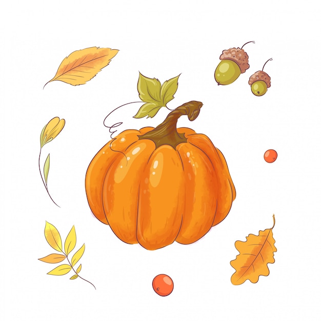 Définir dans le style de la main, dessin citrouille, automne et feuilles. Vecteur Premium