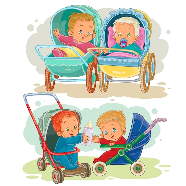 Definir Des Illustrations De Petits Enfants Dans Un Chariot A Bebe Et Une Poussette Vecteur Gratuite