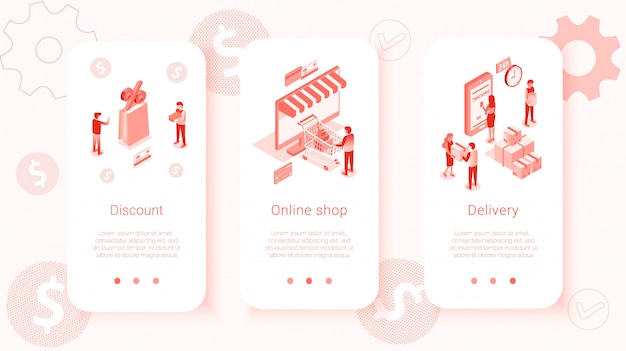 Définir des modèles isométriques d'interface utilisateur mobile shop Vecteur Premium