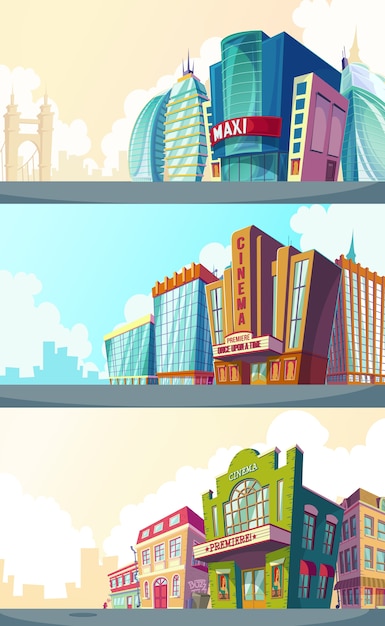Définir une illustration vectorielle de dessin animé d'un paysage urbain avec les bâtiments des cinémas anciens et modernes. Vecteur gratuit Définir une illustration vectorielle de dessin animé d'un paysage urbain avec les bâtiments des cinémas anciens et modernes. Vecteur gratuit
