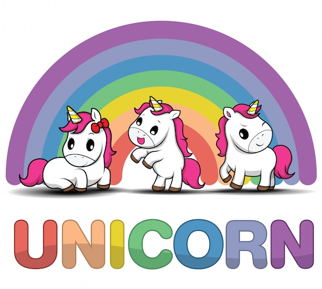 Définissez licorne souriante dessin animé mignon sur un fond blanc avec des étoiles et des points Vecteur Premium