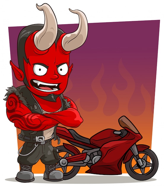 Demon De Personnage Malefique Rouge Dessin Anime Avec Moto Vecteur Premium