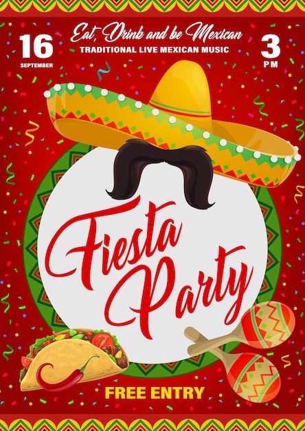 Depliant De Fete Avec Symboles Mexicains Sombrero Moustaches Et Maracas Avec Tacos Et Piment Jalapeno Affiche