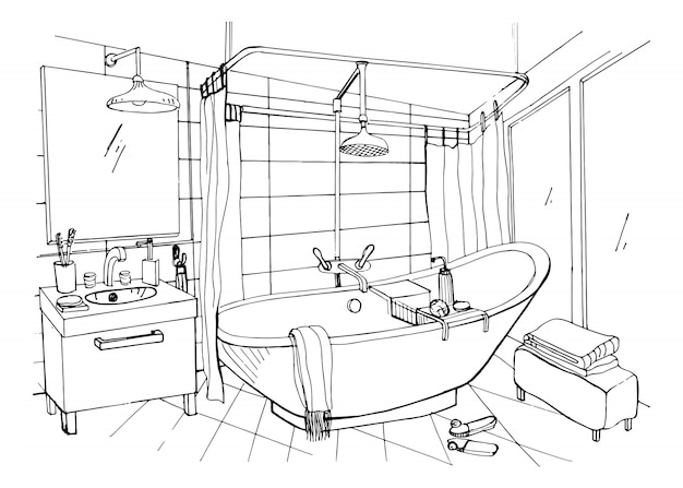 Design D Interieur De Salle De Bain Moderne Dessine A La Main Illustration De Croquis Vecteur Premium