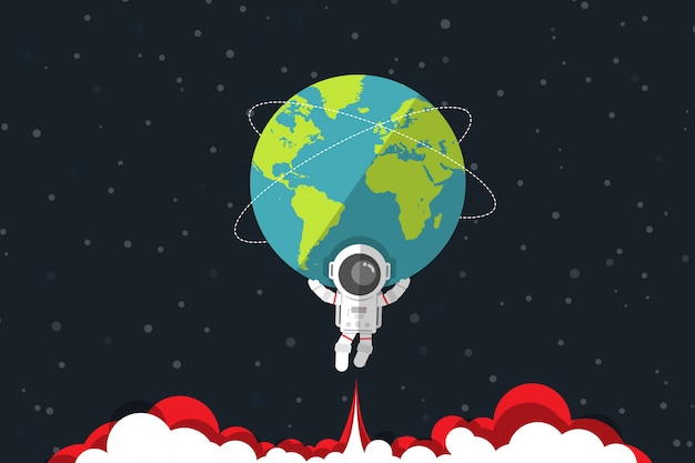 Design plat, astronaute portant la terre sur son épaule et au-dessous de la fumée rouge du moteur à réaction, illustration vectorielle, élément infographique Vecteur Premium